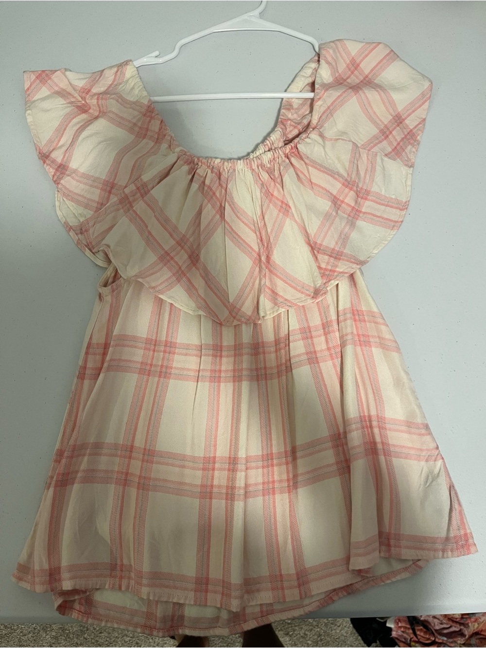 Sanctuary Cream and Pink Plaid Ruffle Neck Tank, off the shoulder